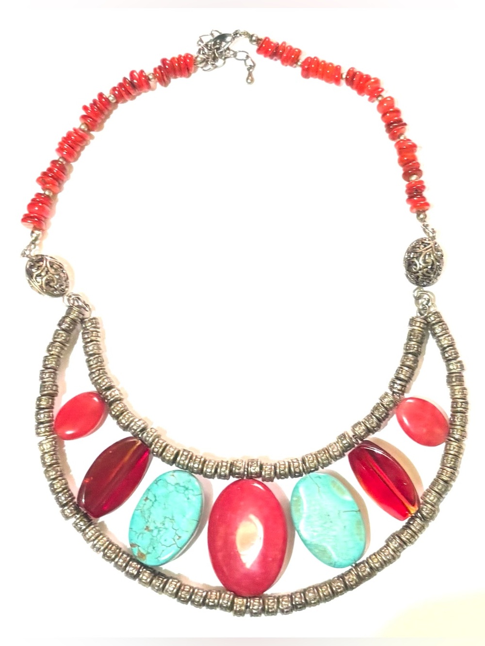 Handmade Bold Red and Turquoise Stone Statement Necklace